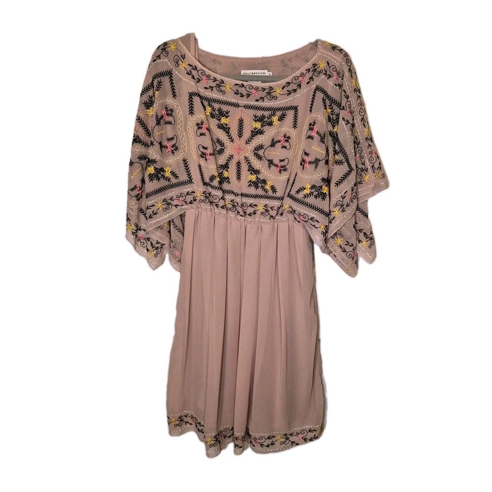 Molly Bracken Bohemian Embroidered Cape Sleeve Dress Flowy Size Small